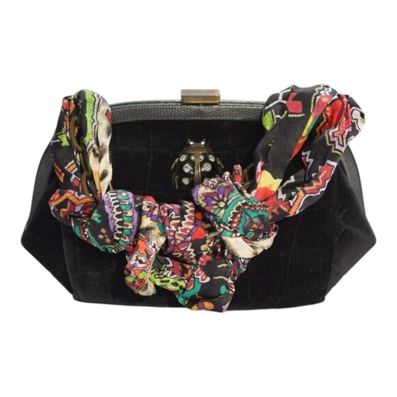 Just Cavalli Black Velvet Clutch Bag Crystal Ladybug Frame BagScarf Handle